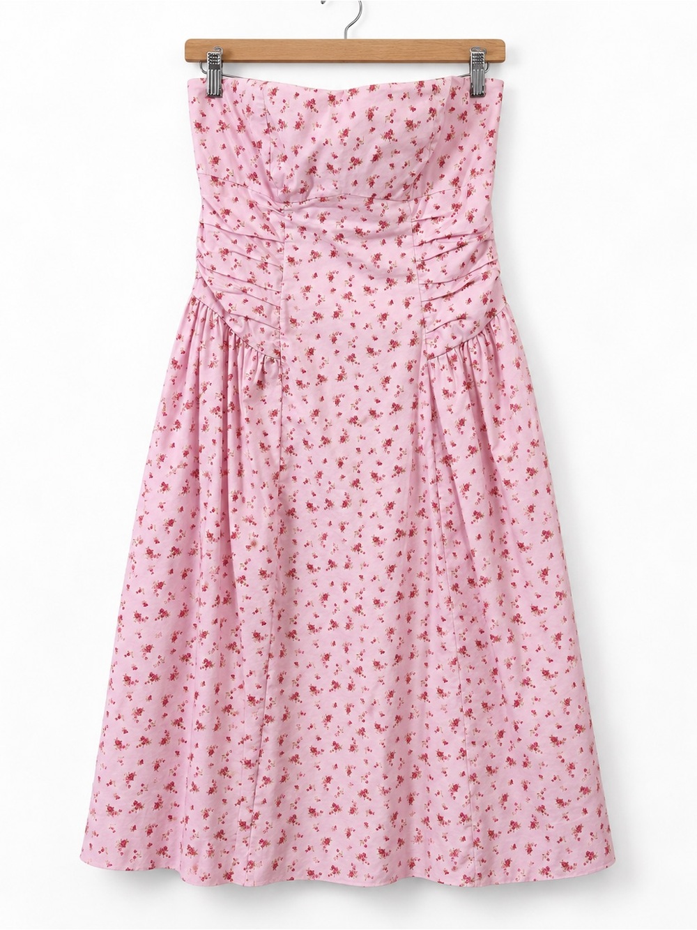 Pink large strapless floral midi tea party preppy chic cotton blend dress